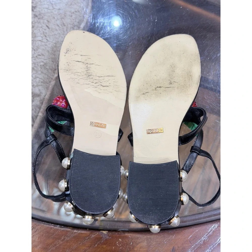 Gucci Cherry Crystal Pearl Leather Thong Sandals Black White Pink‎ Size 36